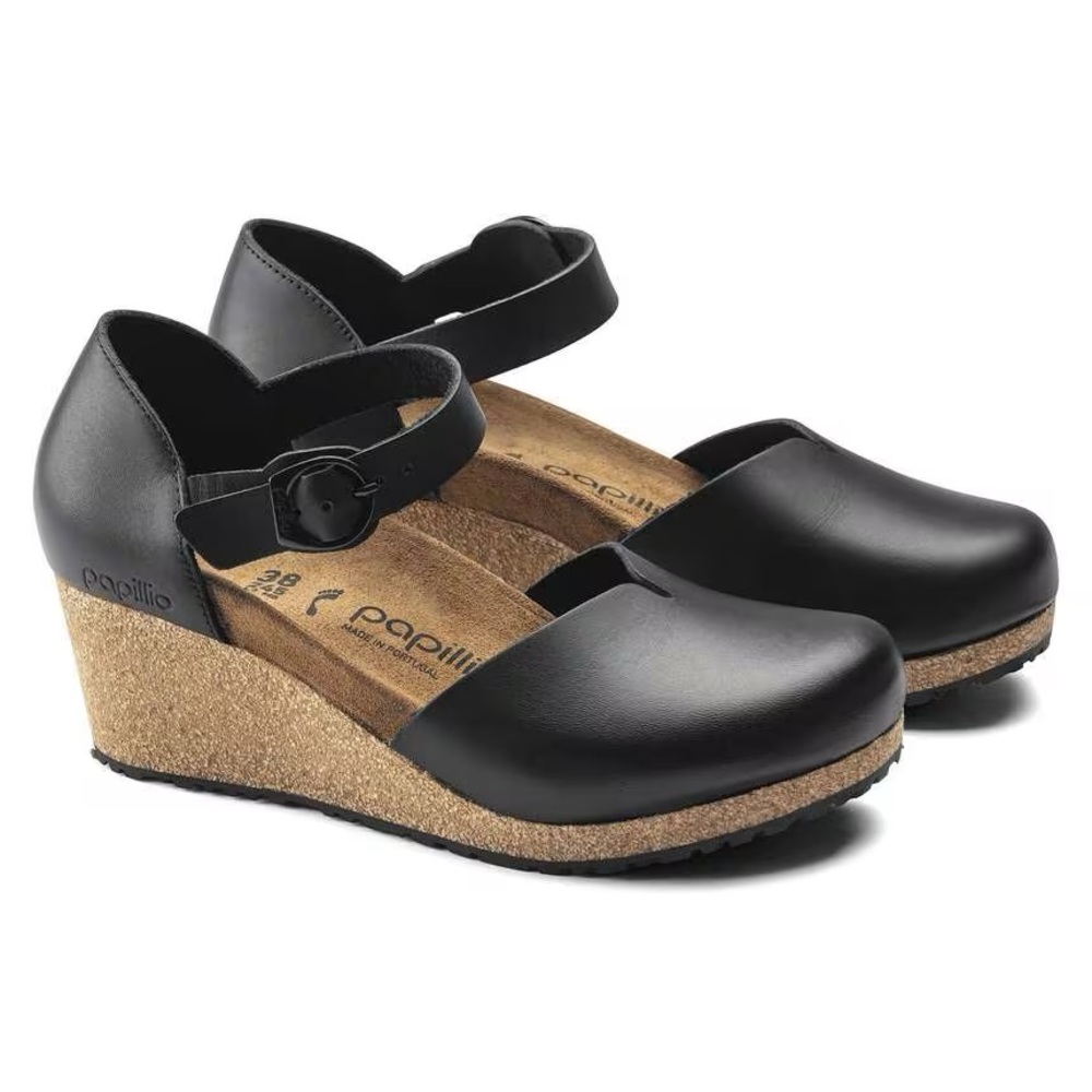 Birkenstock Papillio Mary Black Leather Wedge Clog Shoes